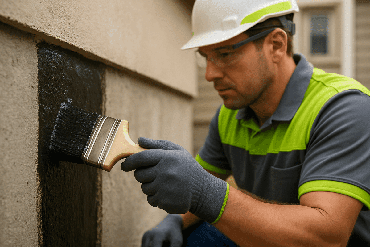 Close-up of gloved hands brushing waterproof sealant on residential concrete foundation